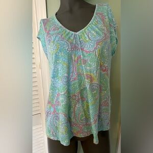 Lauren Ralph Lauren Paisley Short Sleeve V Neck Top Blue Pink Sz M